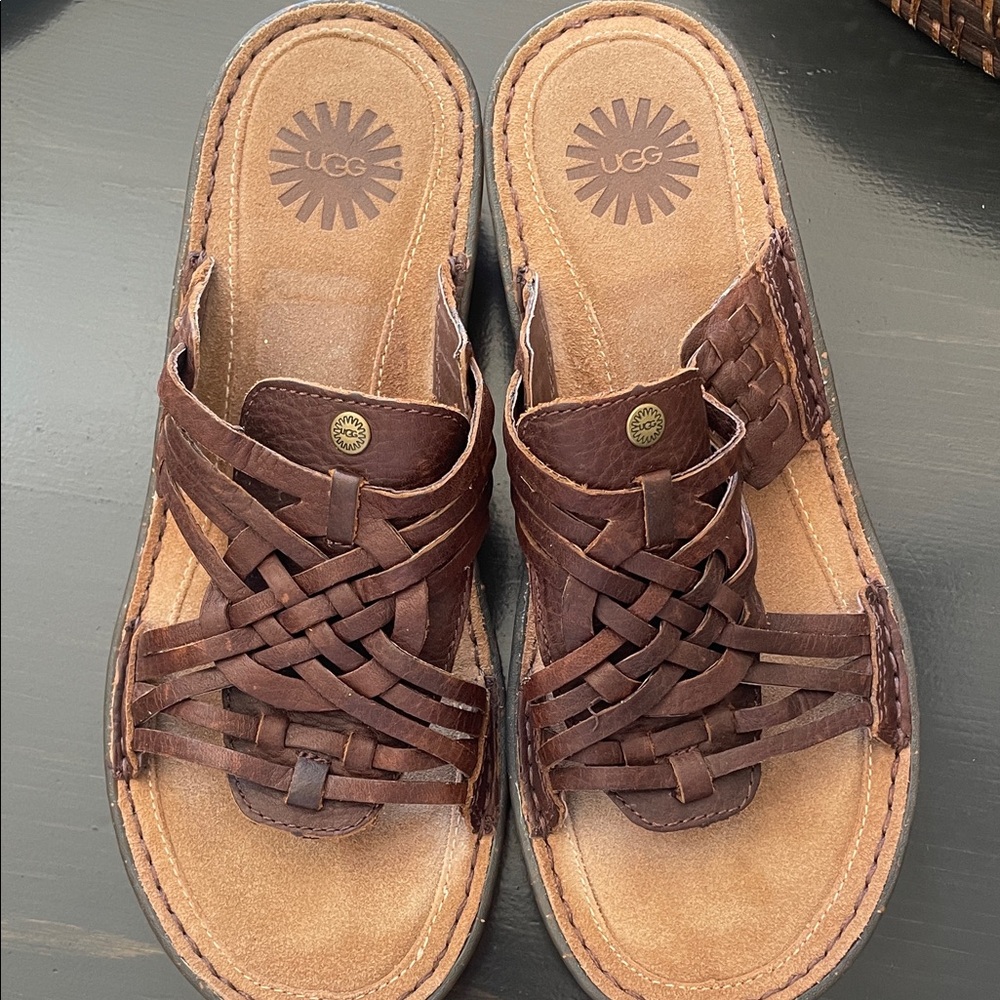 UGG Brown Leather Slide Sandals